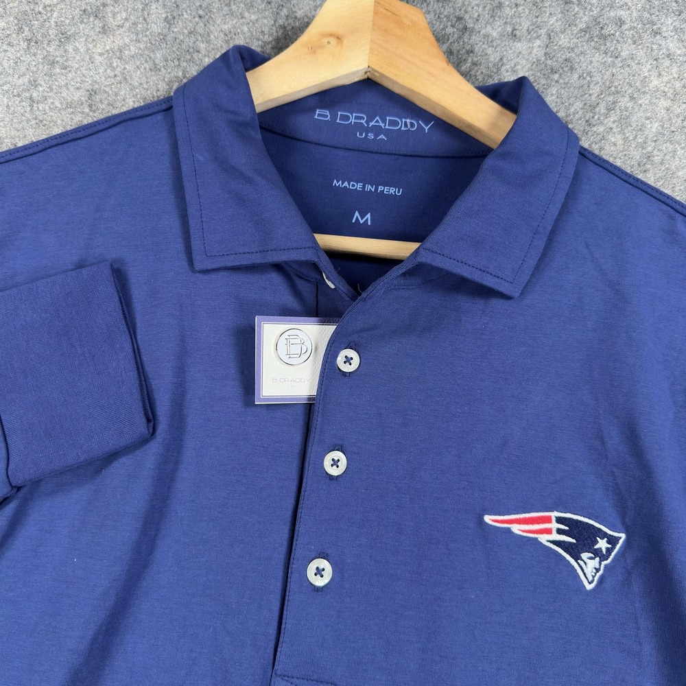New England Patriots Jack Polo Shirt Mens Medium Blue NFL Football B. Draddy
